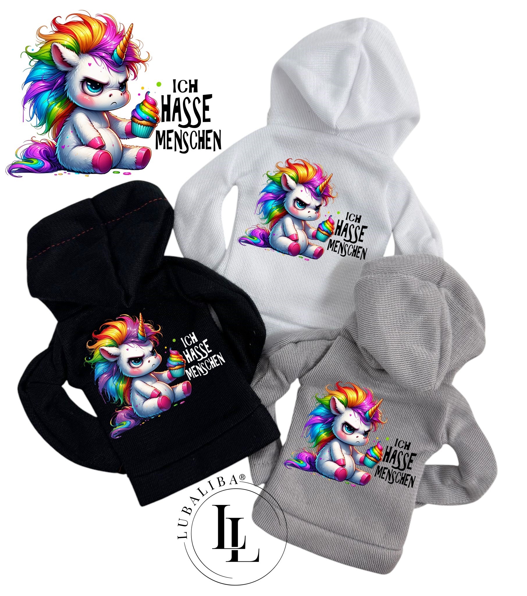 Mini Hoodie " Ich Hasse Menschen " Essfriede das Einhorn Motiv: TAR